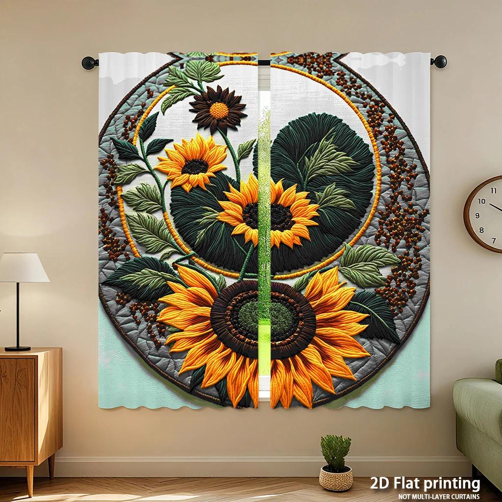 Piece Set High Definition Digital Printed Curtainsround Embroidery Sunflower Yellow Green Curtainhome Decoration Curtain Polyester With Rod Pocket