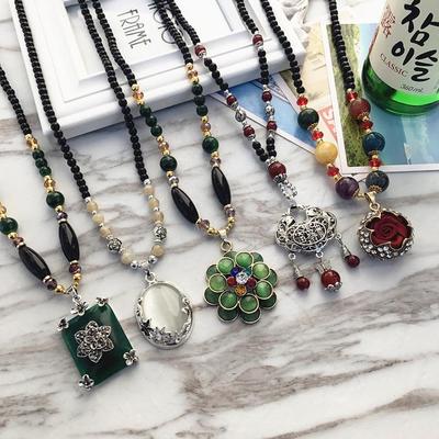 Halskette Perlen Lange Vintage Boho Seil Scheibe Kette Stein Anhänger Böhmische Ethnische Frauen