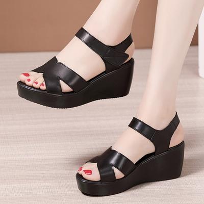 Small Plus Size 33-43 Soft Leather Shoes Women Med Heels Wedges Sandals 2025 Summer Thick Platform Sandals Office Beach Mom