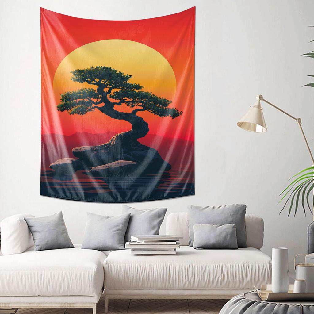 Sunset Pine Tree Tapestry Japanese Zen Home Decor Cozy Living Room Wall Art