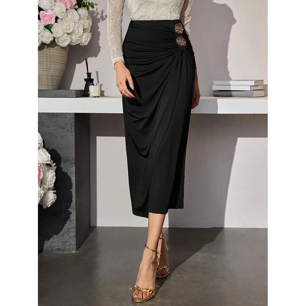 Falda Larga Fluida de Color Sólido con Fruncidos de Moda para Mujer