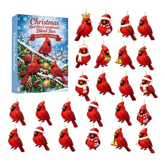 Advent Calendar for Kids Red Bird Calendar, 24-Day Christmas Countdown Set with Acrylic Ornament Collection Ornaments, 2D Tree Hanging Decor,