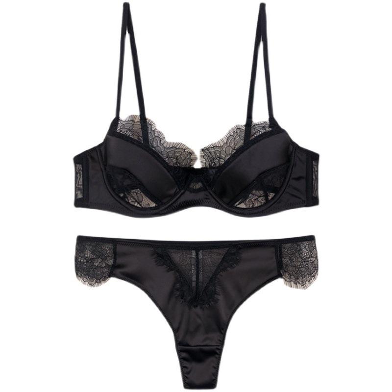 Französische sexy Unterwäsche Kontrastfarbige Einsätze Perspektive Wimpernspitze Unterwäsche Große Brust Kleiner BH