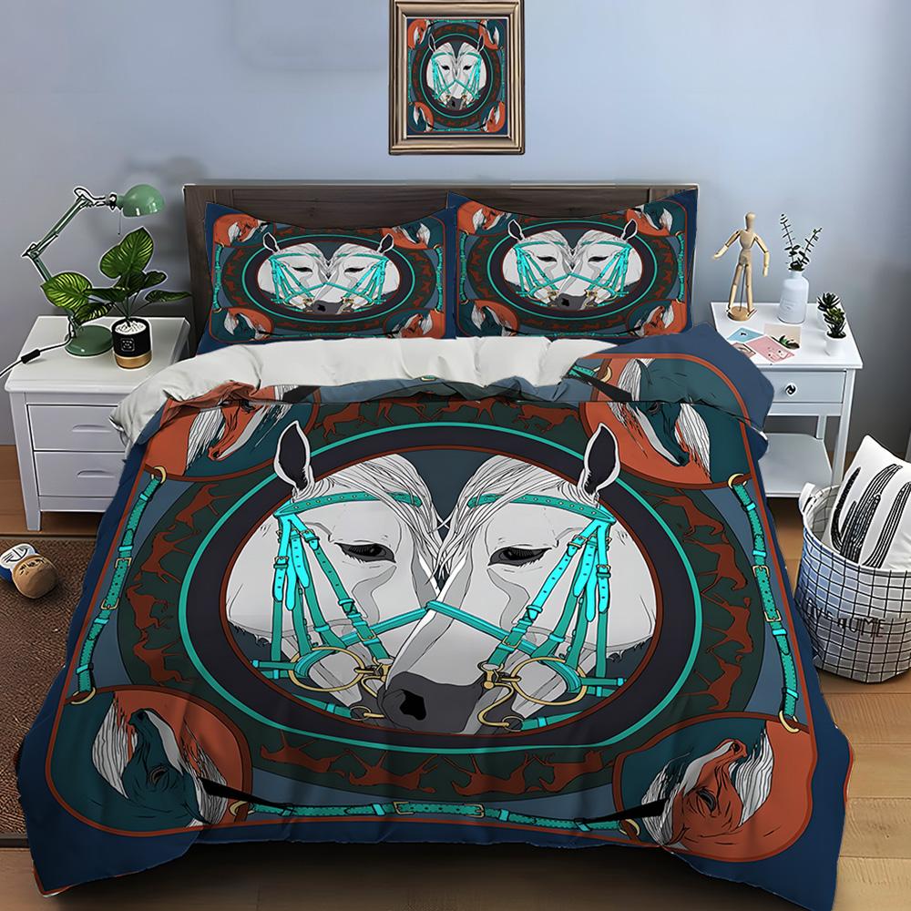 Retro Horse Harnes Art Print Beding Set Soft Duvet Cover 1 Soft Duvet Cover 2 Pilowcases Adult People plus Children Beding Set High-End Premium Gifts