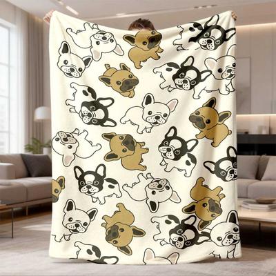 2026 New Arrival Flannel Blanket 1pc French Bulldog Blanket Soft Flannel Throw with White & Brown Dog Faces, AllSeason Cozy Bedspread or Couch Cover F