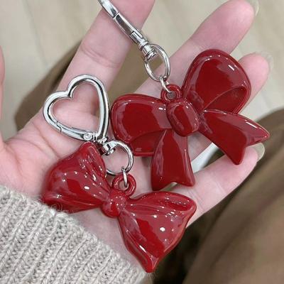 Simple Temperament Red Bowknot Heart Acrylic Keychain Pendant For Women Girls Versatile Backpack Decoration Accessories Gifts