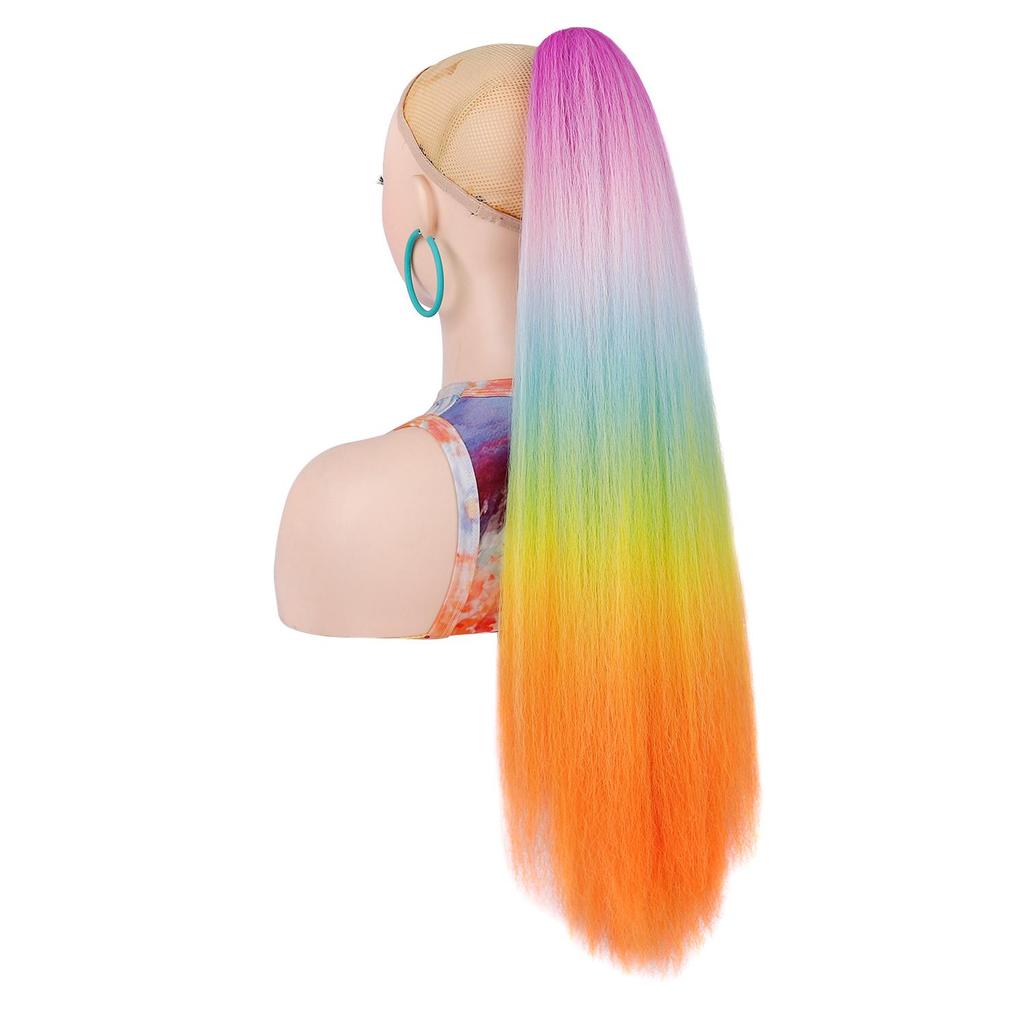 Ponytails Hair Extension Long Yaki Straight Hair Ponytail Rainbow Color Hairpiece Claw Clip on Hair Tail for Ladies