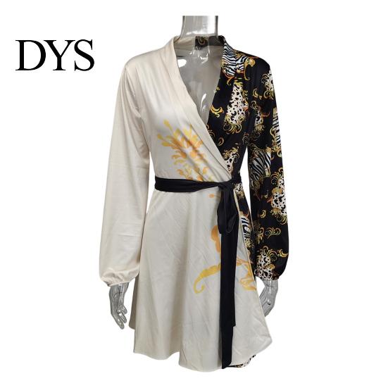 Slim Waist Dress Spring Fall Lady Women with Lace-up Tie Lapel V Neck Colorblock A-line Color Matching Coat Style Long Sleeves Commuting Business Mini