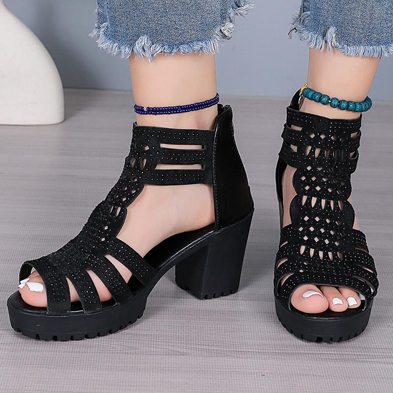Fashion Fashion Open Toe Hollow Summer Sandal Women Diamond Decor High-Heeled Sandals Lady Luxury Non Slip Cover Heel Sandal Mujer