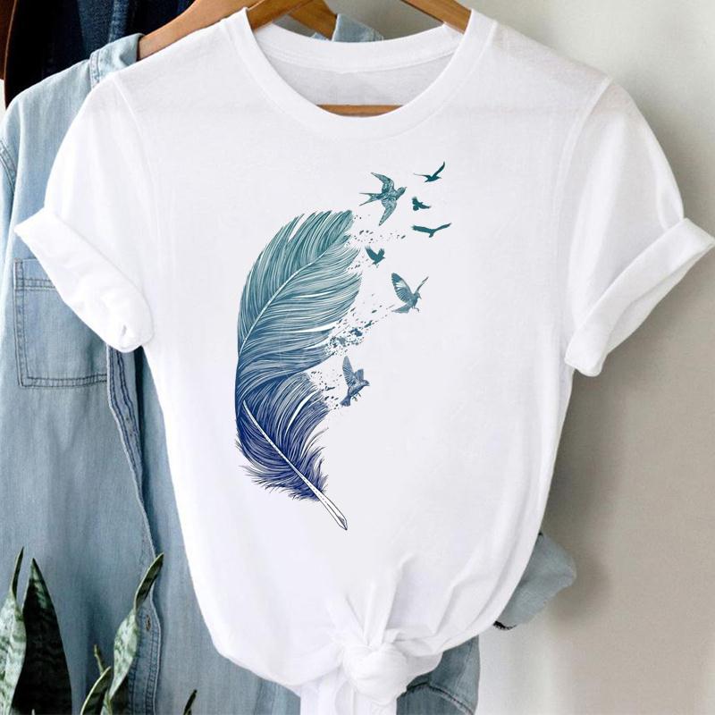 (European Size) Vintage Bird Watercolor Feather Women Print Short Sleeve Tee Top Fashion Tshirt Clothing Casual Summer Lady Female Graphic T-shirt
