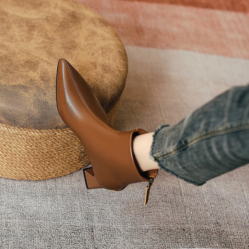 High-heeled Pointed Short Boots Women's Spring and Autumn Single Boots 2025 New Thick-heeled Thin Boots Rear Zipper Medium Tube Fashion Boots