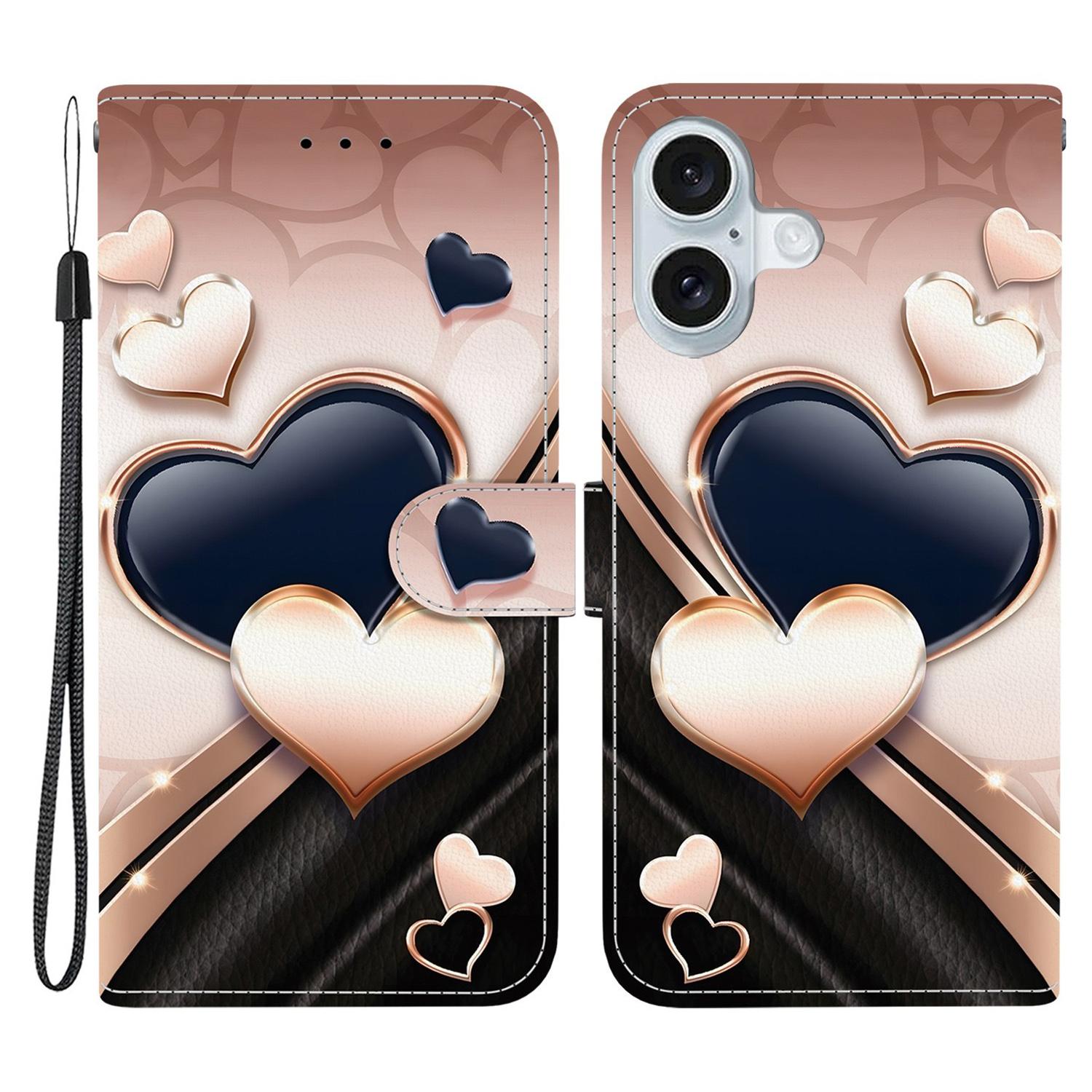 

For iPhone 16 Leather Case Stand Wallet Pattern Printing Phone Cover with Wrist Strap Love