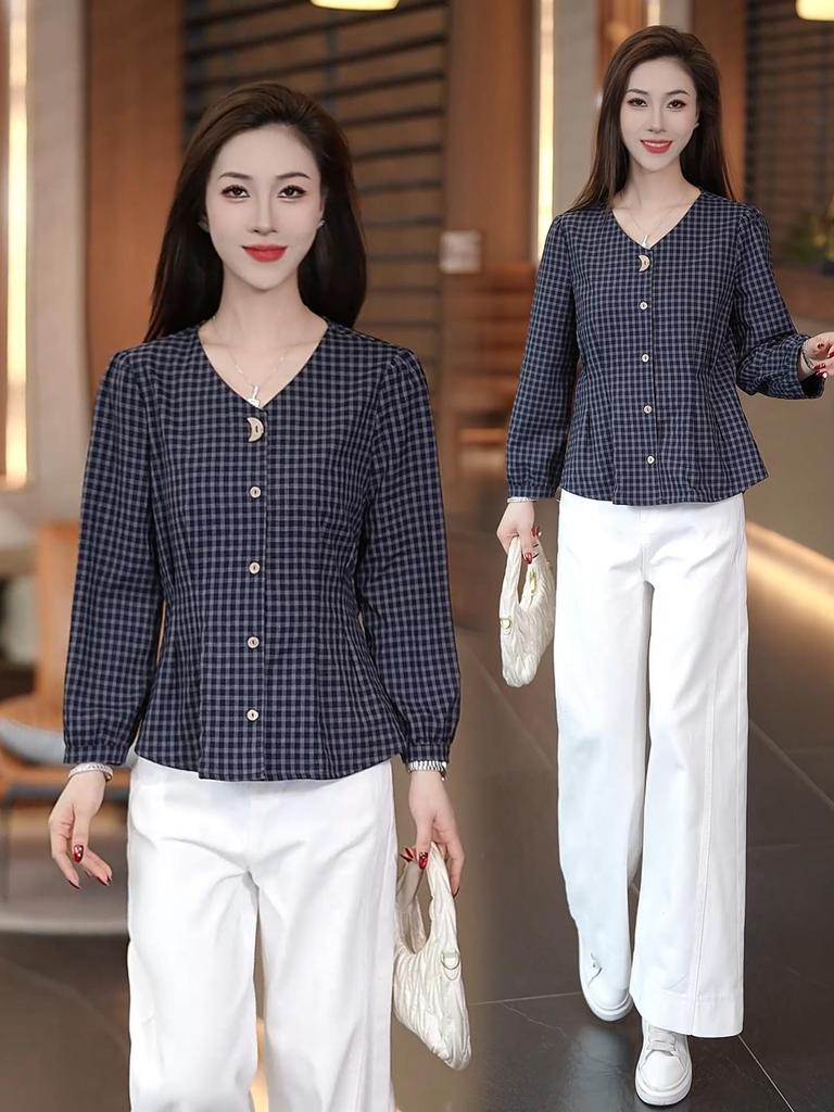 Camicia a Maniche Lunghe a Quadri Retro Chic con Scollo a V Snellente per Donna - Collezione Primavera 2026
