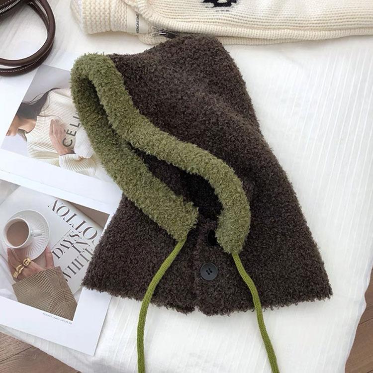Two-color Spliced Plush Balaclava Hat Women's Winter Drawstring Warm Windproof Ear Protector Neck Pullover Hat