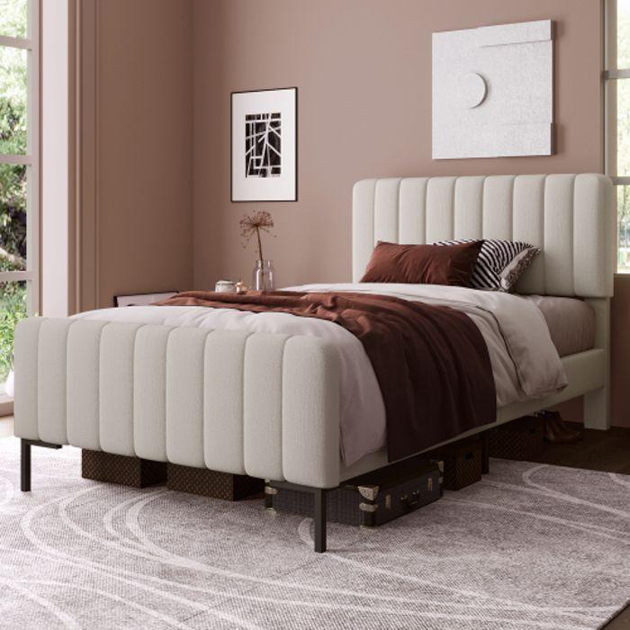 Lit simple 90x200 cm - MUVOE - Cadre avec sommier à lattes - Tête de lit réglable - Gris-beige - Matelas inclus