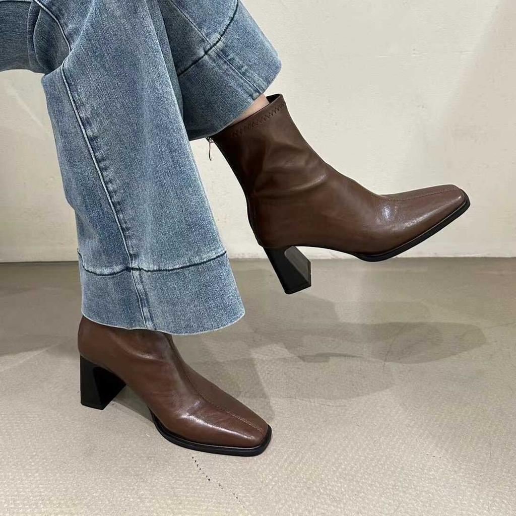 High-heeled Short Boots Women's 2025 Autumn and Winter New French Retro Square Head Thin Boots Versatile Thick-heeled Martin Boots Women's Single Boo