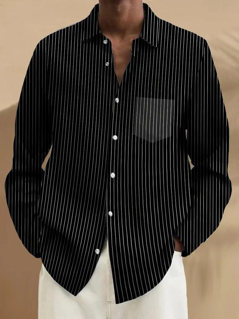 Men's Stand Collar Striped Long Sleeve Shirt, Stylish Casual Top