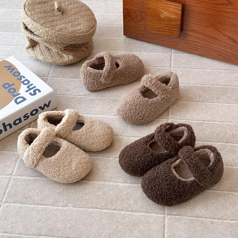 Girls Winter Warm Fuzzy Slipper Shoes With Soft TPR Sole Magic Tape Toddlers Kids