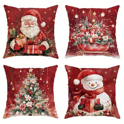 1pc/4pcs Festive Christmas Pillowcases: Santa, Sleigh, Tree, and Snowman Designs! Sofa Room Decoration Holiday Home Decoration