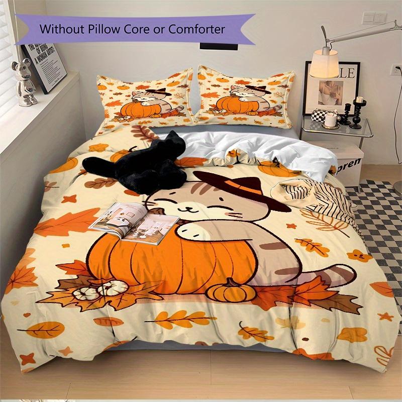 3pcs Halloween Cat Bedding Set, Suitable for Bedroom Decoration, (Includes 1 Duvet Cover And 2 Pillowcases, Quilt Not Included) yy250822187