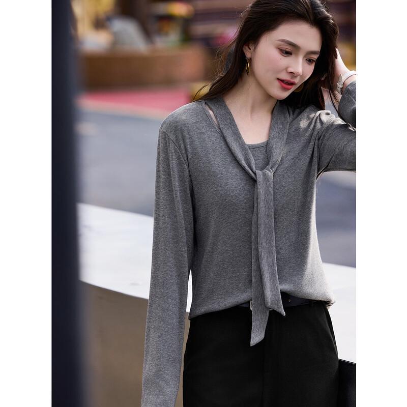 Women's Elegant Slim Fit Round Neck Ribbon Long Sleeve T-shirt