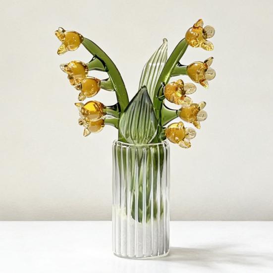 Mini Glass Lily of The Valley Flower Figurine Handmade Faux Crystal Small Flower Bouquet Collectible Ornaments for Mother's Day Birthday Valentines