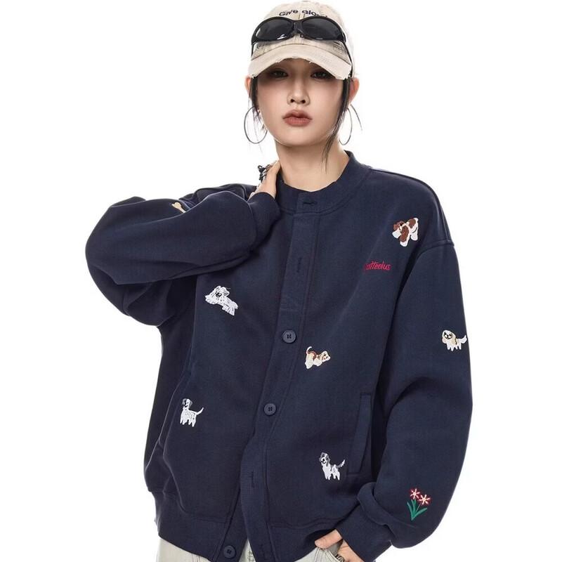 ICH MODE Women s Retro Puppy Embroidered Baseball Jacket L
