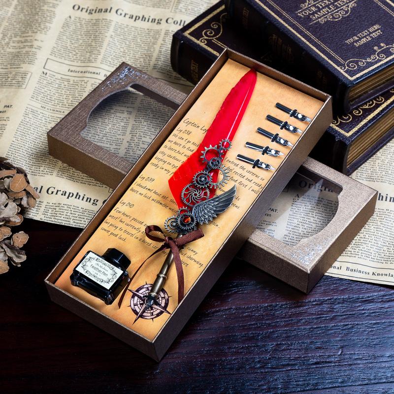 Retro Mechanical Calligraphy Feather Pen and Ink Set Glittering Quill Pen with Antique Dip Pen Metal Calligraphy Set with Ink