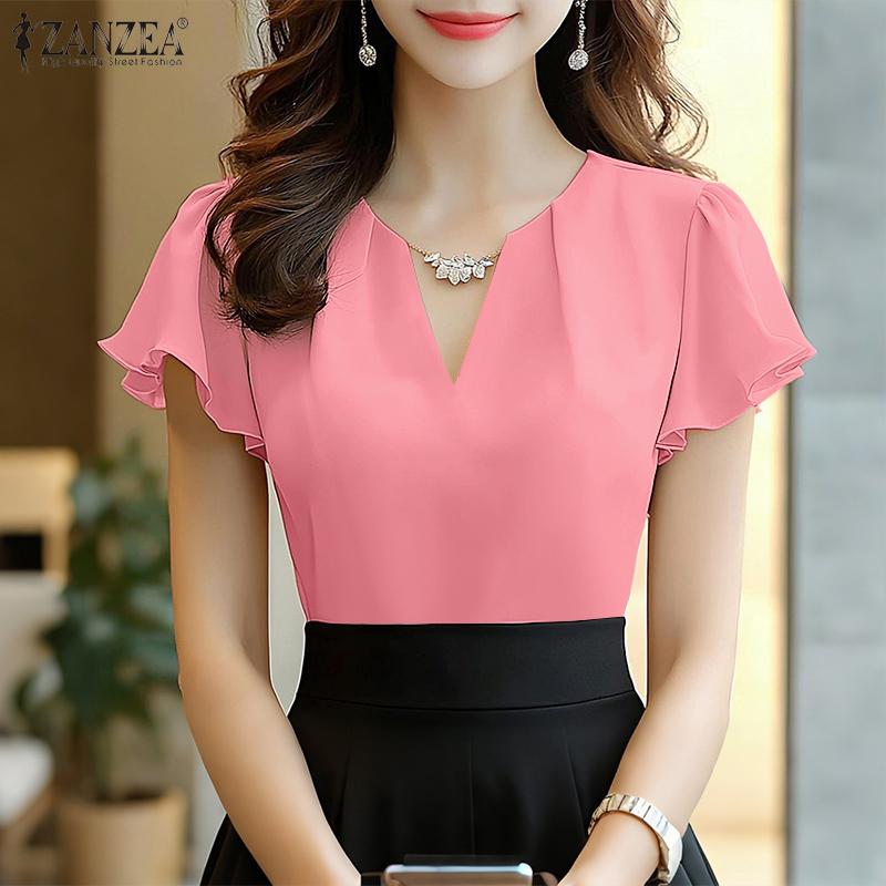 

ZANZEA Women Casual V-Neck Ruffles Sleeve Solid Color Summer Blouse S абрикосовый