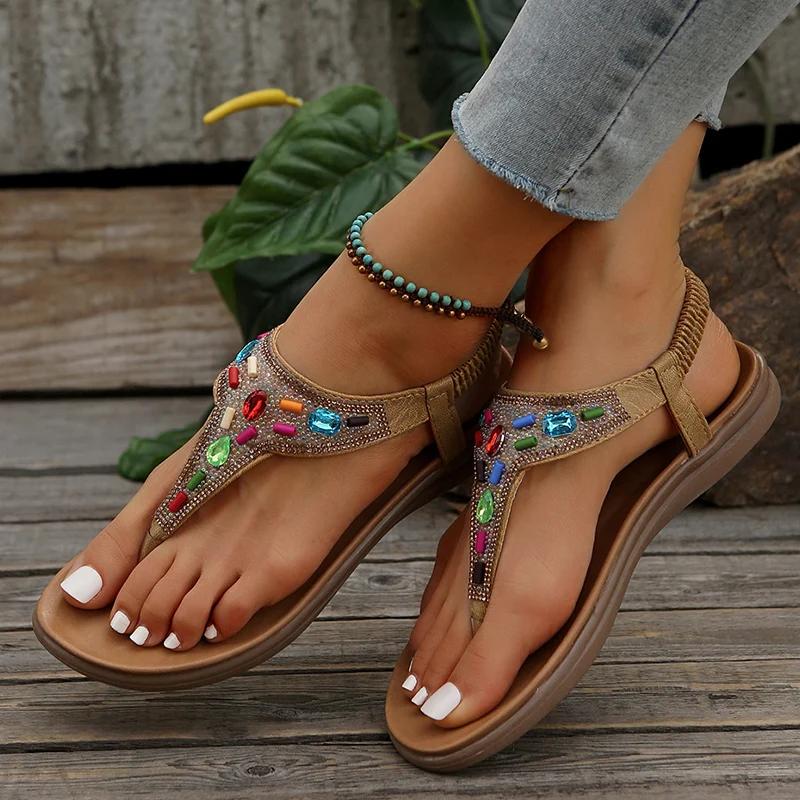 Boho ploché sandály s korálkovou ozdobou pro ženy Léto 2025 Elastický pásek Meziprstní Římské sandály Dámské Měkká podrážka Protiskluzové Plážové boty