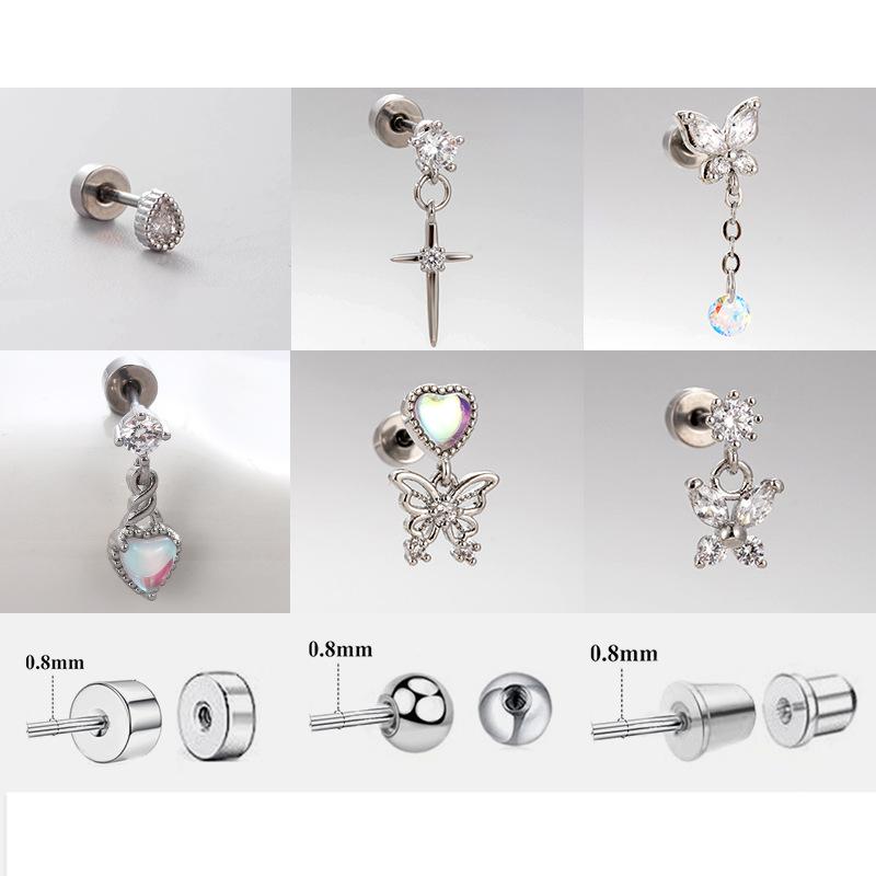 ladylady Ear Bone Butterfly Ear Nail Ear Hole Titanium Steel Heart earrings Nail Cross Double Head Screw Earrings  Accessories