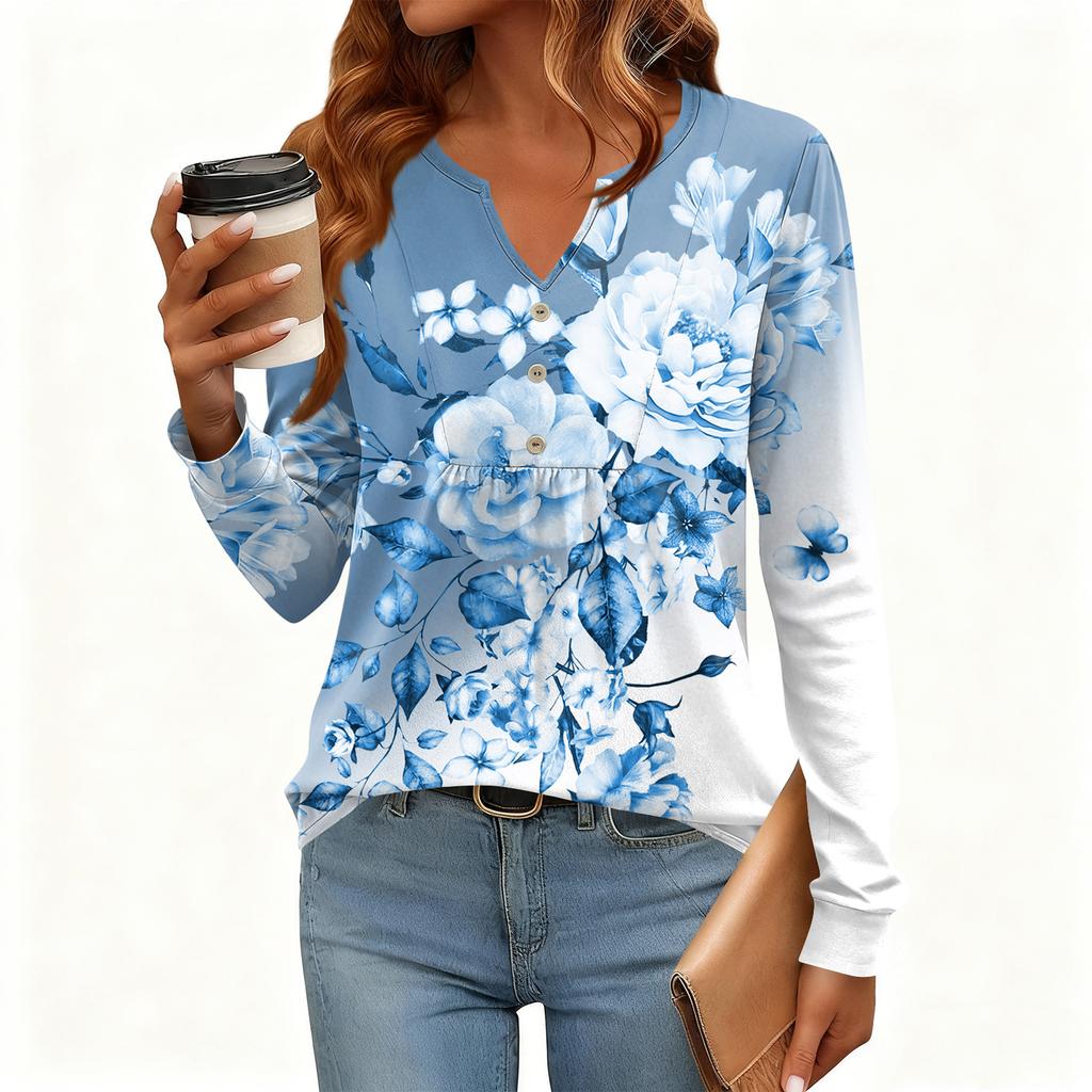 Women's Relaxed,Fit V,Neck Vintage Color,Blocked Floral Print Long,Sleeve Pullover Tee