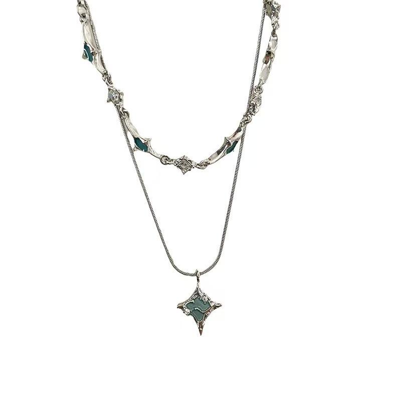 

Double layered wearing blue dripping oil four-pointed star zircon splicing necklace women s summer ins niche design collarbone chain