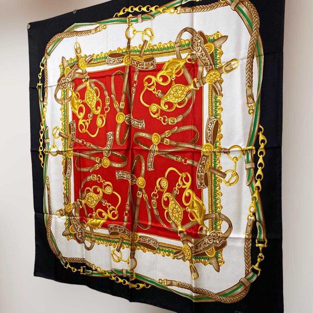 Used CELINE Large Silk Scarf Decorative Pattern Equestrian Hardware Belt Chain Gold Red VINTAGE Celine