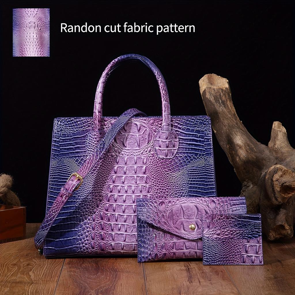 3 Pcs Crocodile Pattern Handbag & Purses Set, Multi-functional Vintage Top Handle Crossbody Bag & Business Clutch Bag & Card Coin Purse