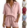Conjunto de Verano de Algodón para Mujer, Top Holgado de Manga Corta con Botones y Cuello en V con Pantalones Cortos de Cintura Alta, Conjunto de 2 Piezas, Transpirable, Verano, Casual, Playa, Viaje