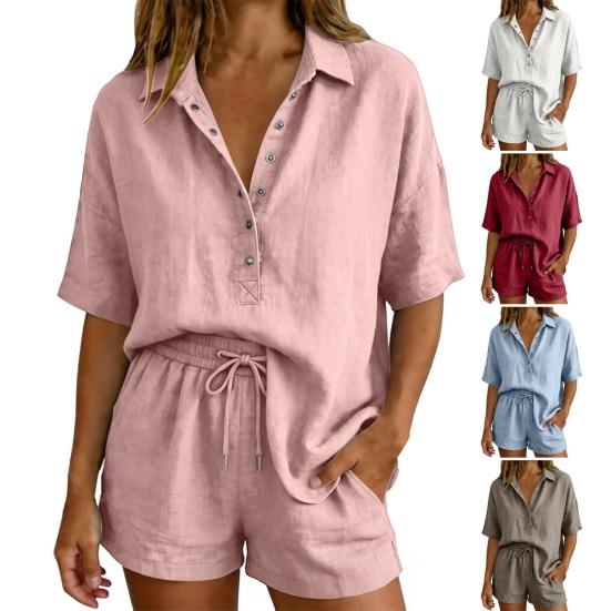 Conjunto de Verano de Algodón para Mujer, Top Holgado de Manga Corta con Botones y Cuello en V con Pantalones Cortos de Cintura Alta, Conjunto de 2 Piezas, Transpirable, Verano, Casual, Playa, Viaje