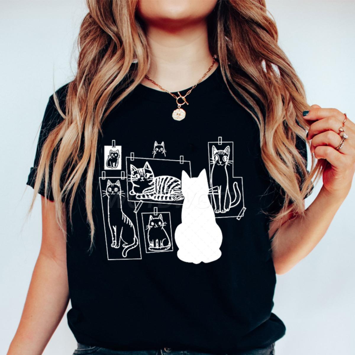 Funny Black Cat Gallery Print T Shirt for Women Cartoon Aesthetic Vintage Shirts Casual O-neck Tee Cat Lovers Gifts T-shirts S