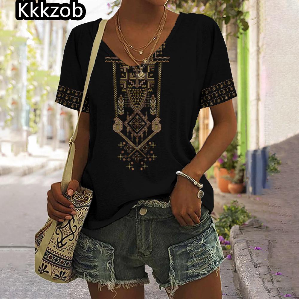 2025 Vintage Shirt for Women Totem Printed Ethnic Style Women's Clothing Summer Casual Short Sleeved Tops Tees Oversized T-Shirt