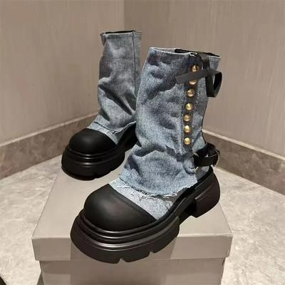 Fall Student Fashion Ankle Boots New Canvas Cowboy Shoes Women's Outdoor Platform Boots Luxury Designer Brand Motorcycle Boots