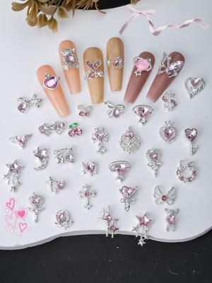 Mix30/50pcs Valentine's Day Pink Rhinestone Nail Charms 2025 Gift For Girls