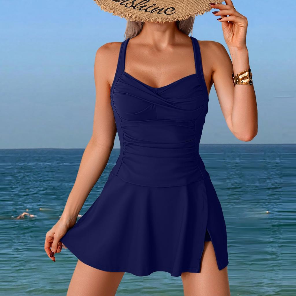 Women Sexy Swim Skirt Set Beach Tankini Pleated Two Piece Swimsuit Set Solid Color Beach Bottoms Shorts Sets Bathing Suits