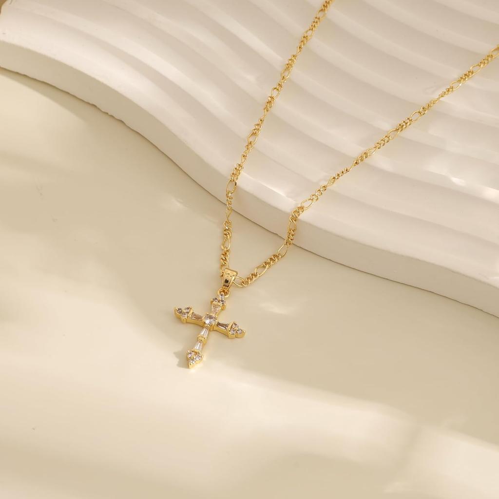 Cross Necklace for Women,Double Cross Necklace 14K Gold Plated Cross Pendant Necklace Dainty Gold Cross Necklaces for Women