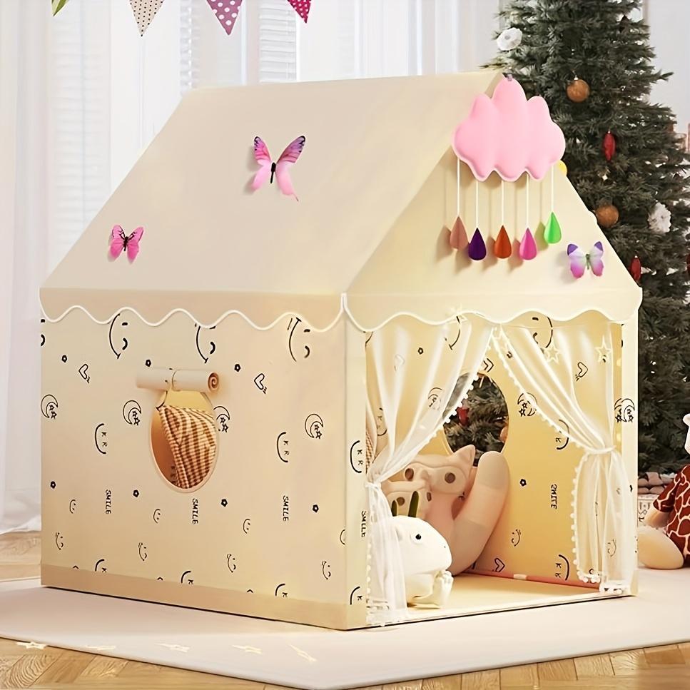 Princess Fairy Tale Tent for Kids Pink Beige Cottage Style Play Tent with Cloud Butterfly Decor Synthetic Fiber Indoor Outdoor