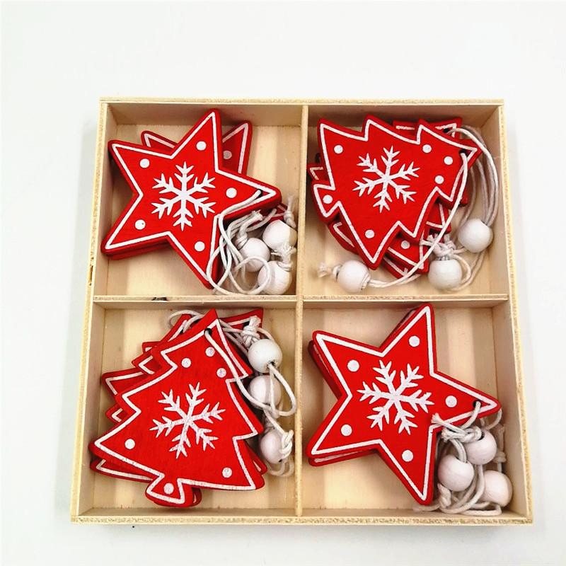 12pcs/St New Christmas Decoration Pure Wood Pendant Elk Bell Snowflake Stars Wood Pendant Christmas Tree Pendant Decor Supplies
