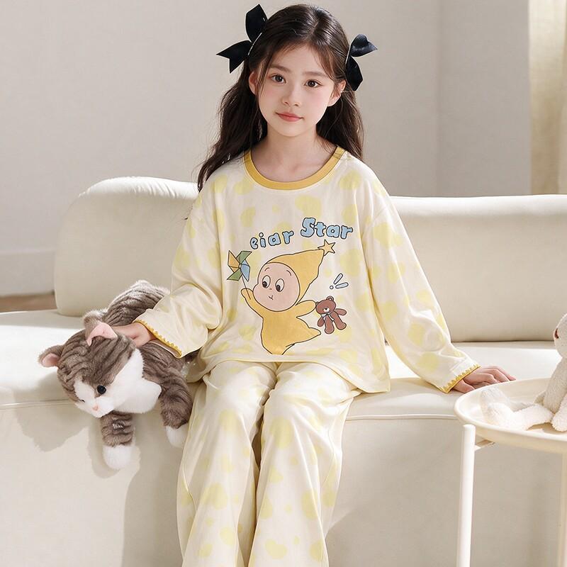 100% Cotton Girls Long Sleeve Pajamas Set Cartoon Print Round Neck Sleepwear Kids 8 Years