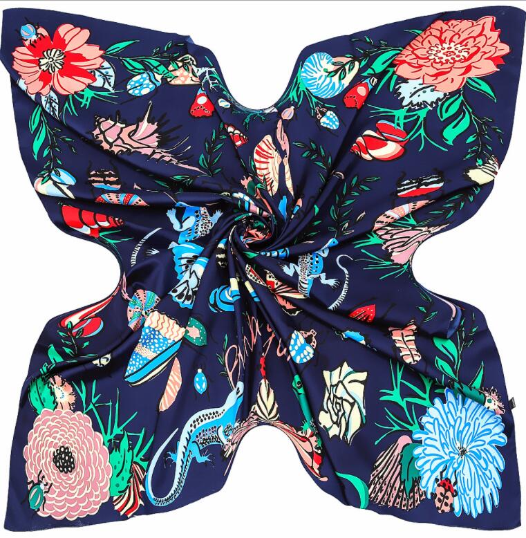 130*130 cm High Quality Twill Silk Women Scarf Luxury Brand Large Square Scarves Shawls French Butterfly Print Fashion Scarf