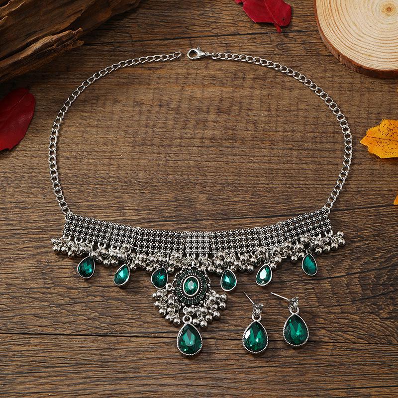 Bohemian Crystal Gemstone Tassel Necklace & Earring Set – European Ethnic Style
