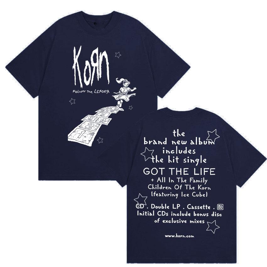 Rock Korn Follow The Leader Double Sided Print T Shirt Men Women Retro Harajuku Fashion Cotton Short Sleeve T-shirts Streetwear