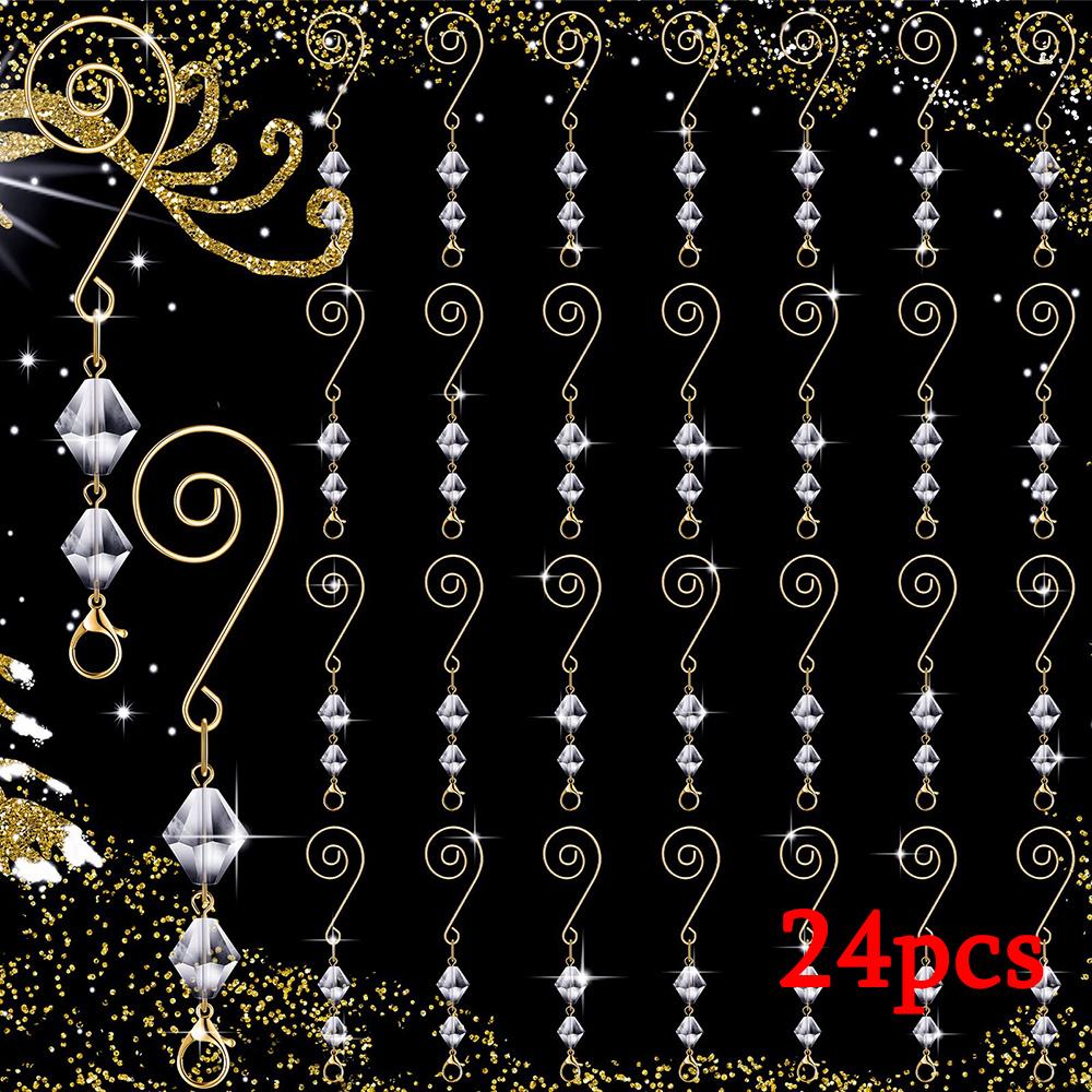 

48pcs Ornament Hangers Tree Ornament Hooks Decorative Clear Acrylic Wire S Hook with Lobster Claws Hanging Metal Wire Crystal Jeweled Swirl 48pcs golden
